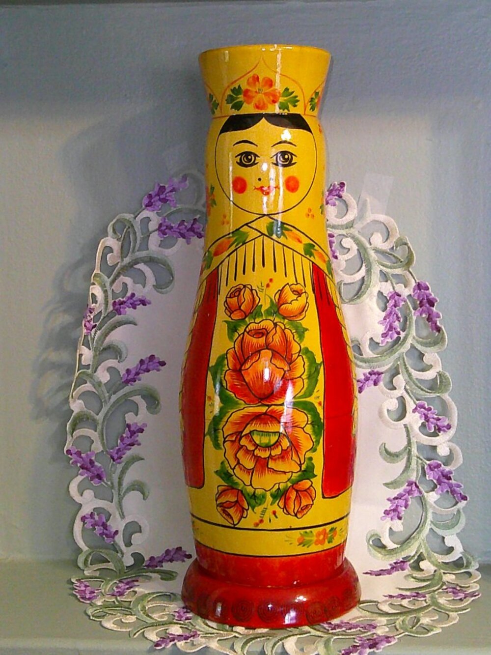 Vintage Russian Wooden Matryoshka Style Hand Painted Bottle Holder
